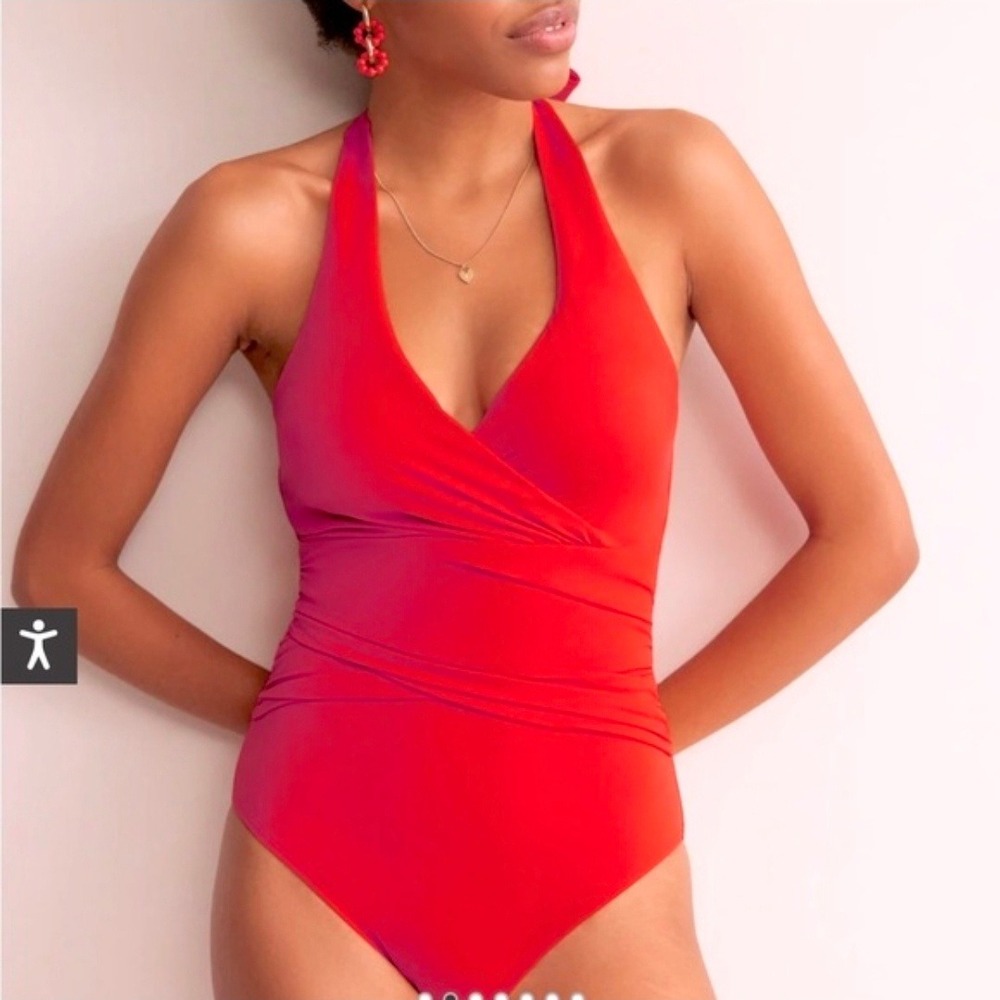 NWT Boden Womens Red Ruched Halter One Piece Swimsuit S0183 Size 6R